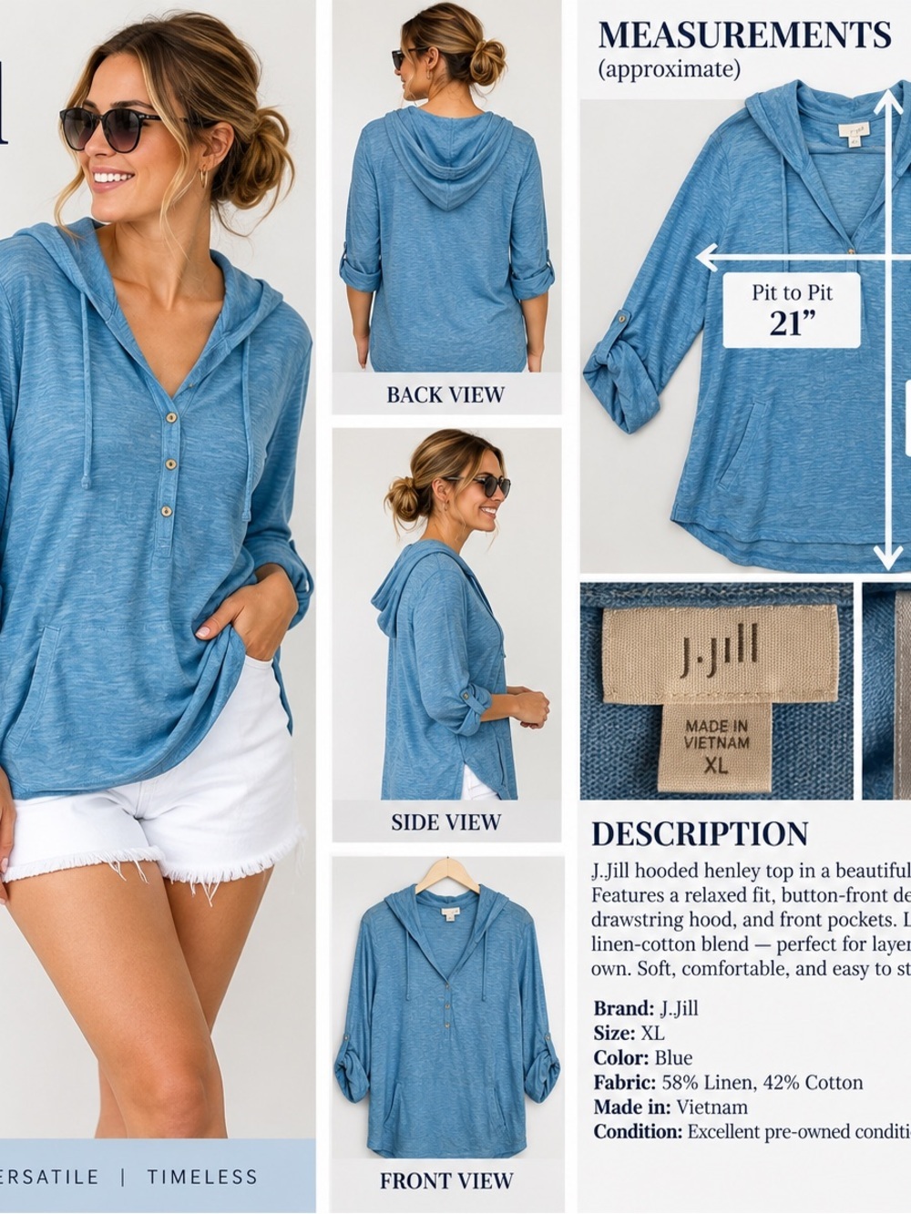 J. Jill Sky Blue Hooded Henley #105